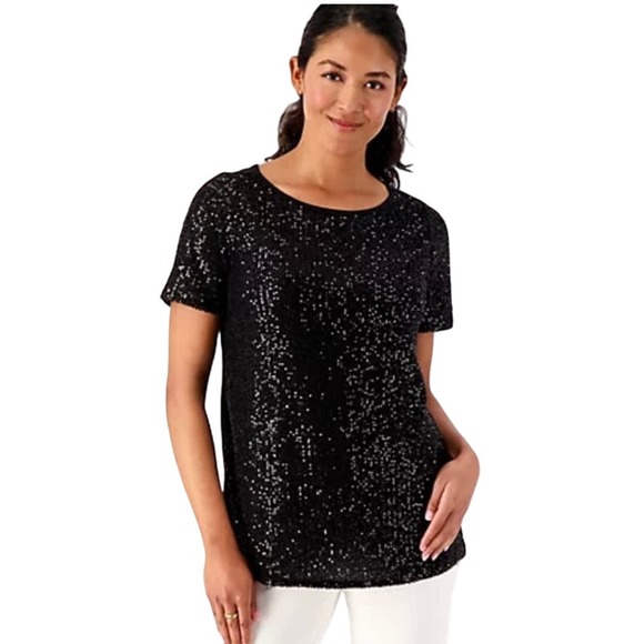 Belle by Kim Gravel Tops - Jingle Belles by Kim Gravel Sequin Front Knit Back Top Women's Black NWT Size M